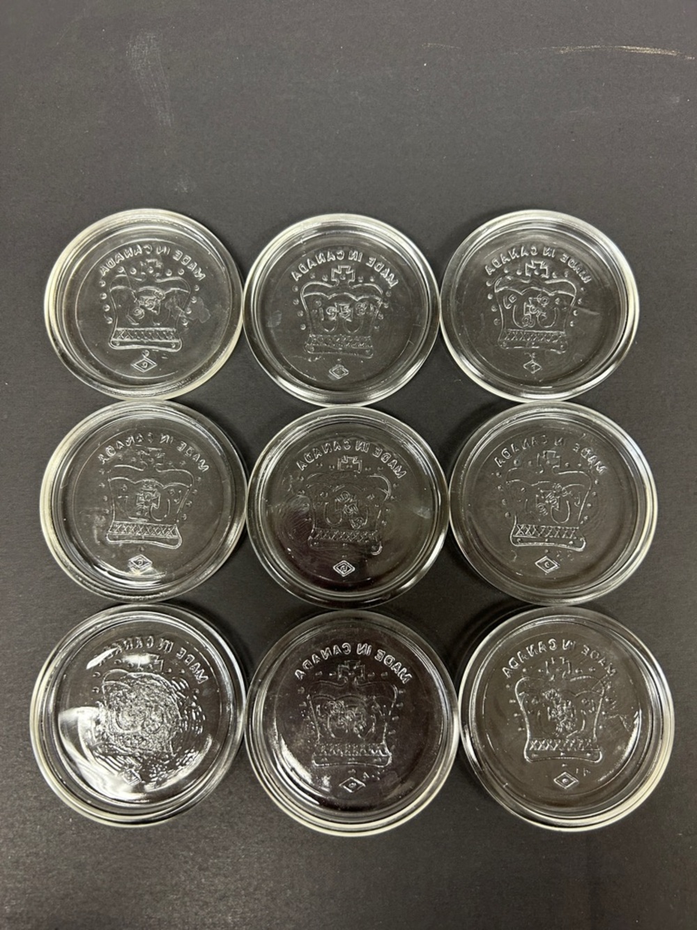 Vintage 1958 set of 9  CROWN  3” clear glass mason jar lids Canada